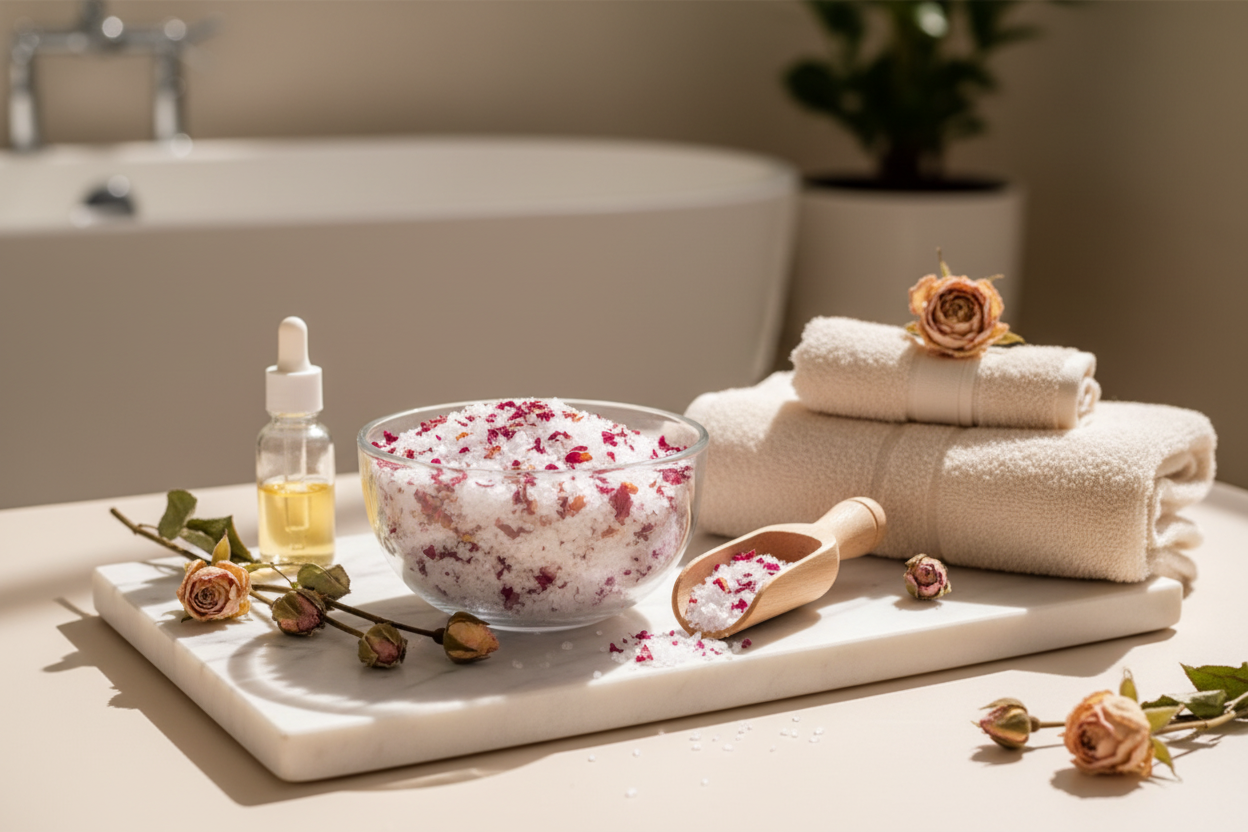 Bath Soak with Rose Petals Wellness Setting