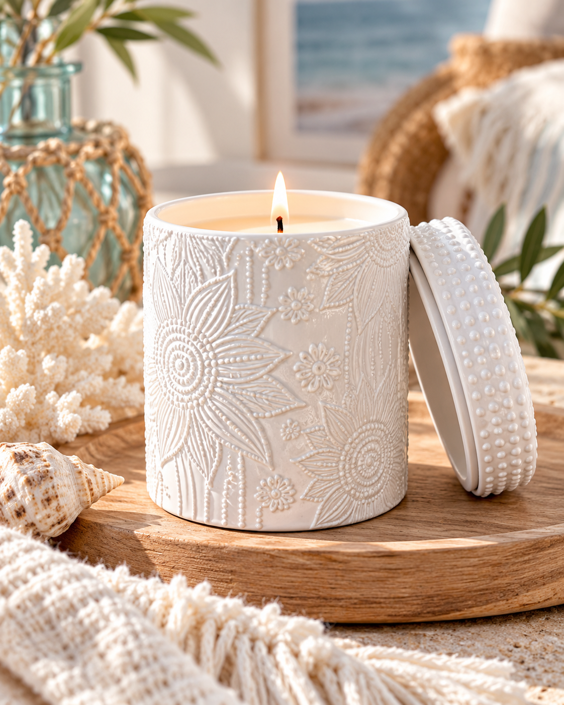 Coastal Bloom 250g white ceramic soy candle, Life's a Beach fragrance