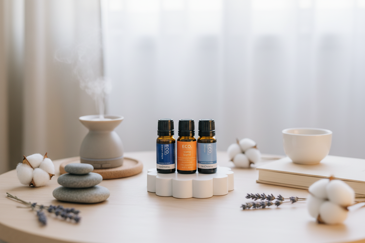 Essential Oil Trio Wellness Setting