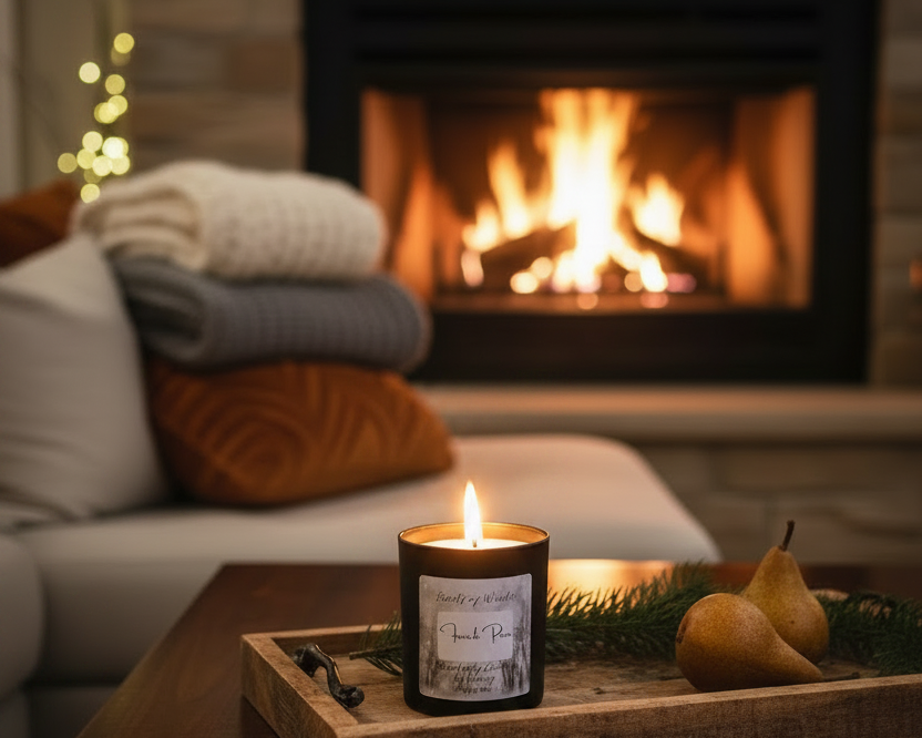 Scents of Winter French Pear matt black candle lit on a wooden tray beside a cosy fireplace