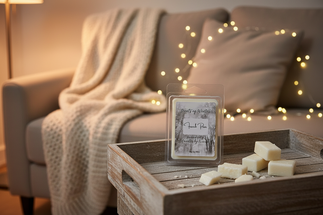 Scents of Winter French Pear wax melt pack with broken cubes on a wooden tray
