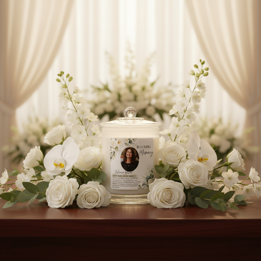 In Loving Memory — White Jar with Photo — Chapel Setting