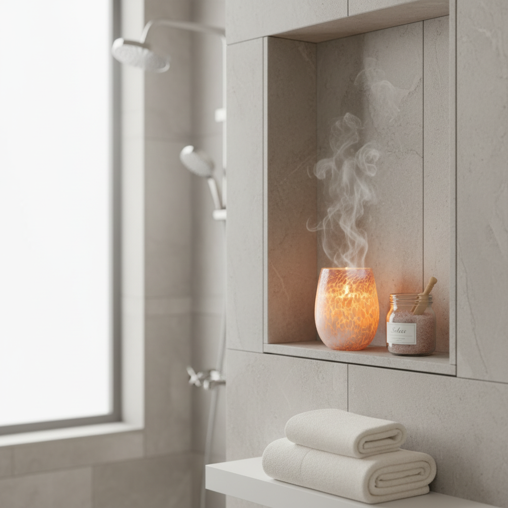 Solace candle on shower shelf