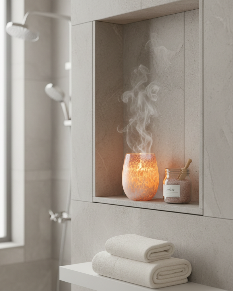 Solace candle on shower shelf