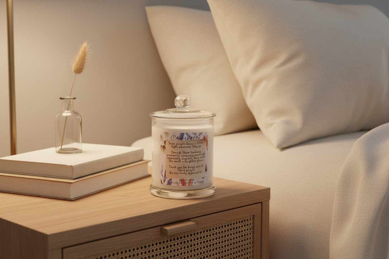Someone Special White Candle on Bedside Table