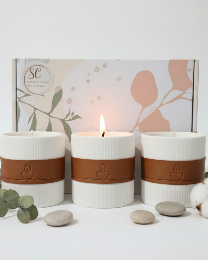 White Ribbed Candle Gift Set with Natural Elements
