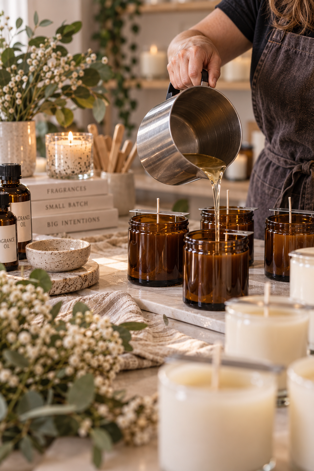Hand-pouring soy wax candles in small batches at Serendipity Candles by Tracey