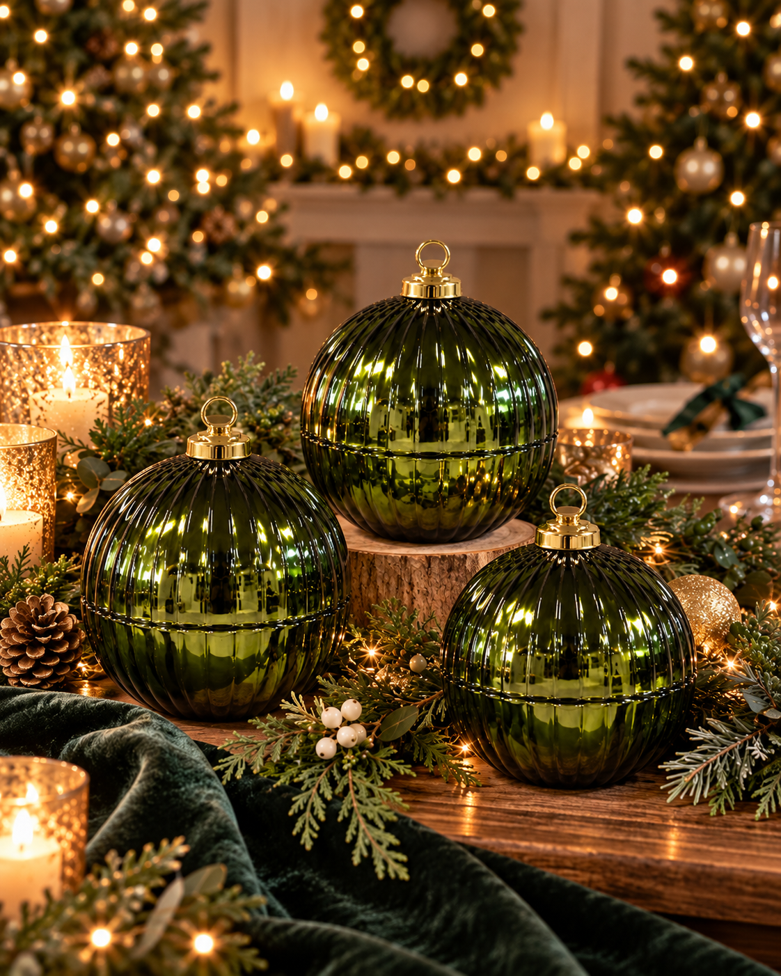 Set of 3 Green Christmas Bauble Candles | 70 Hours of Scent | 600g Soy Wax