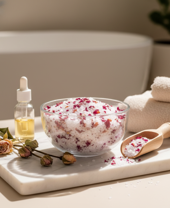 Bath Soak with Rose Petals Wellness Setting