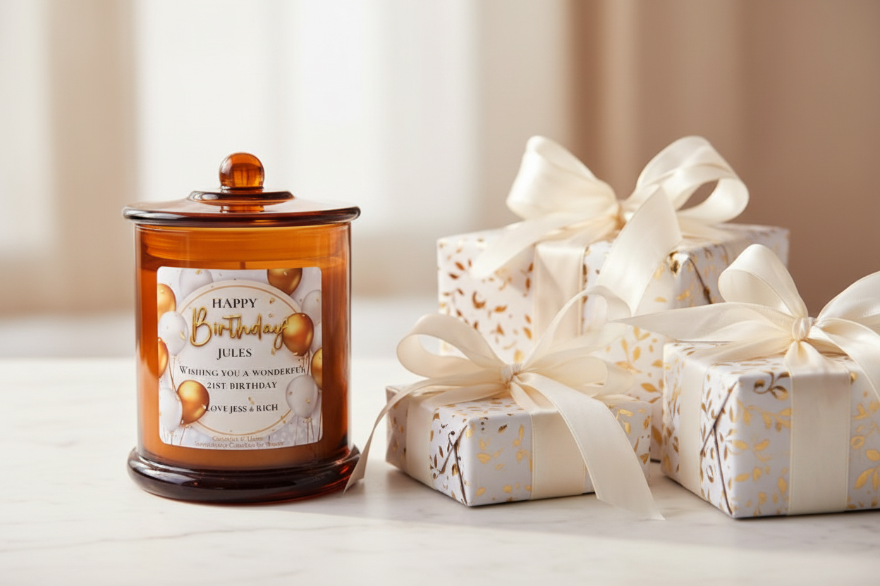 Birthday Candle Amber Jar — styled with 3 gifts