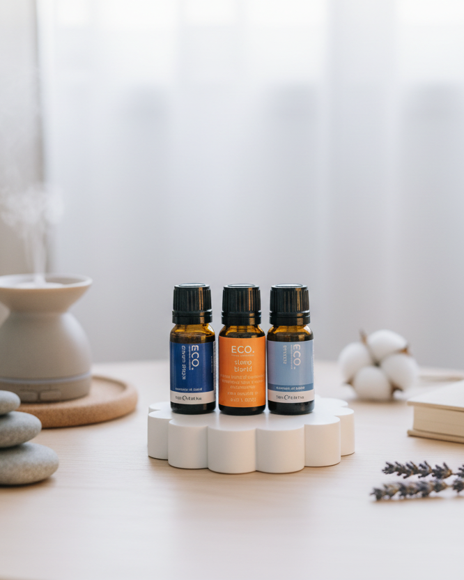 Essential Oil Trio Wellness Setting