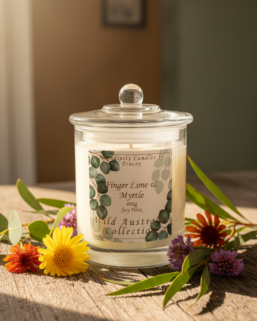 Finger Lime & Myrtle candle lifestyle portrait with lid
