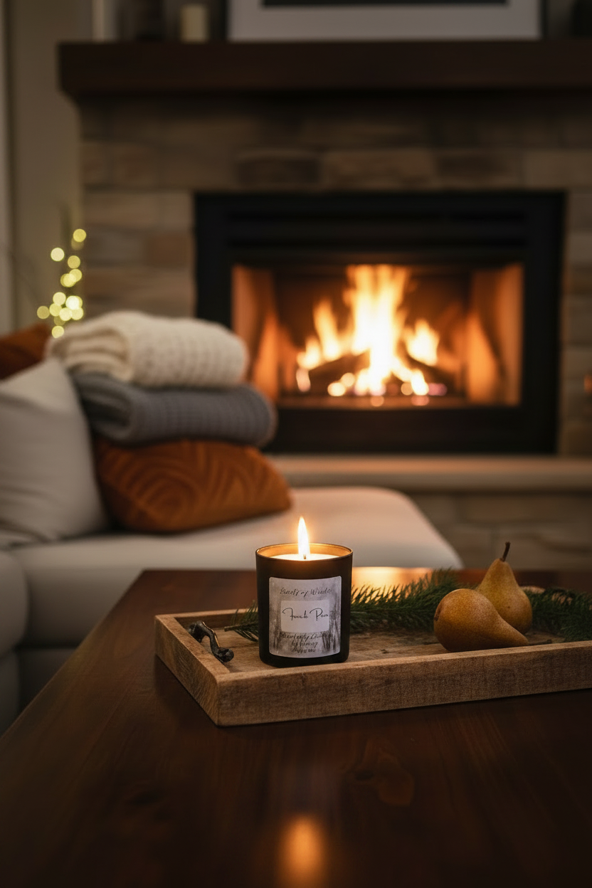 Scents of Winter French Pear matt black candle lit on a wooden tray beside a cosy fireplace