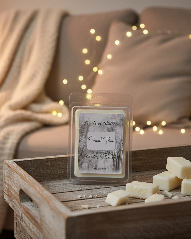 Scents of Winter French Pear wax melt pack with broken cubes on a wooden tray