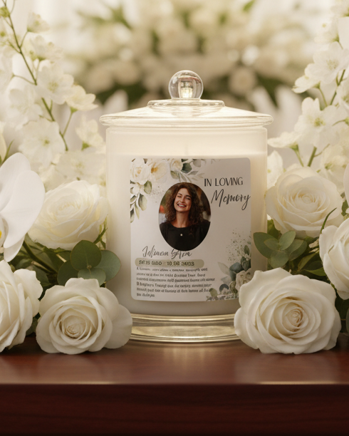 In Loving Memory — White Jar with Photo — Chapel Setting