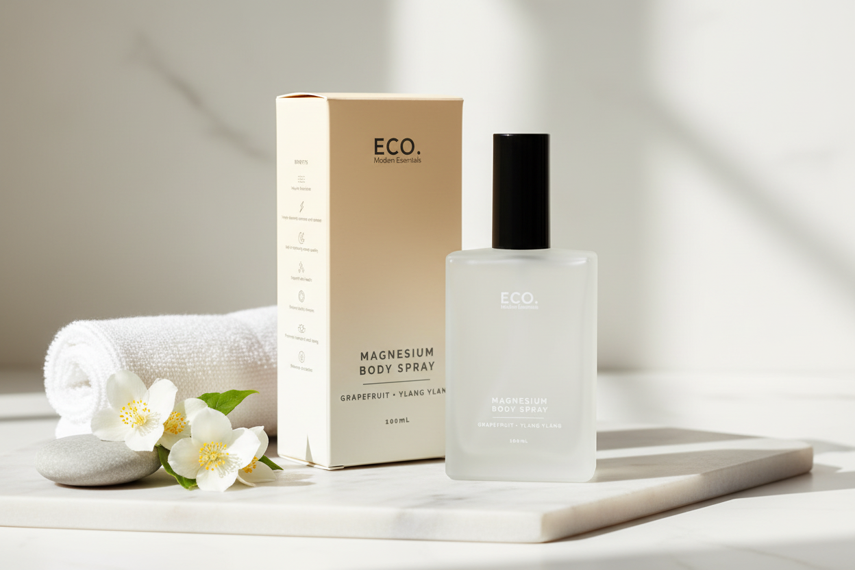 Magnesium Body Spray Box and Bottle Together