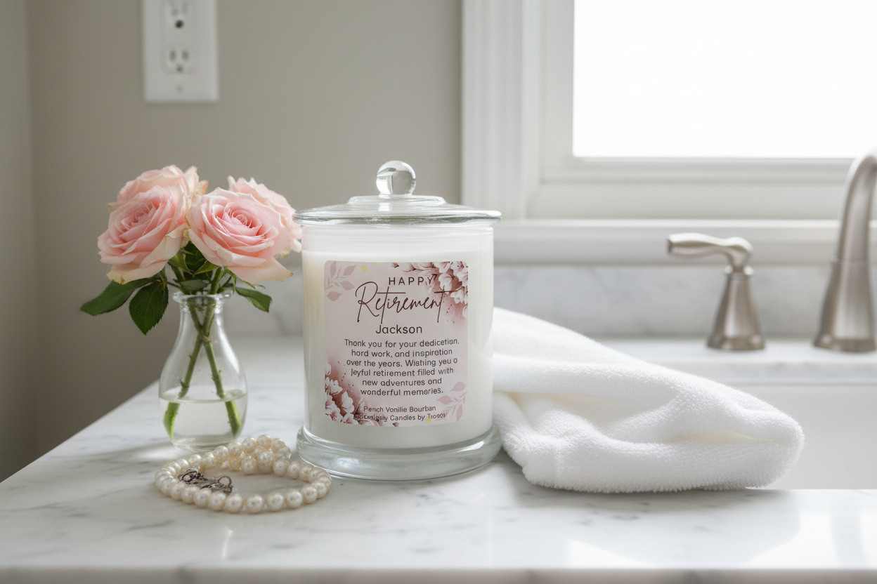 Retirement White Floral Candle — Vanity Setting