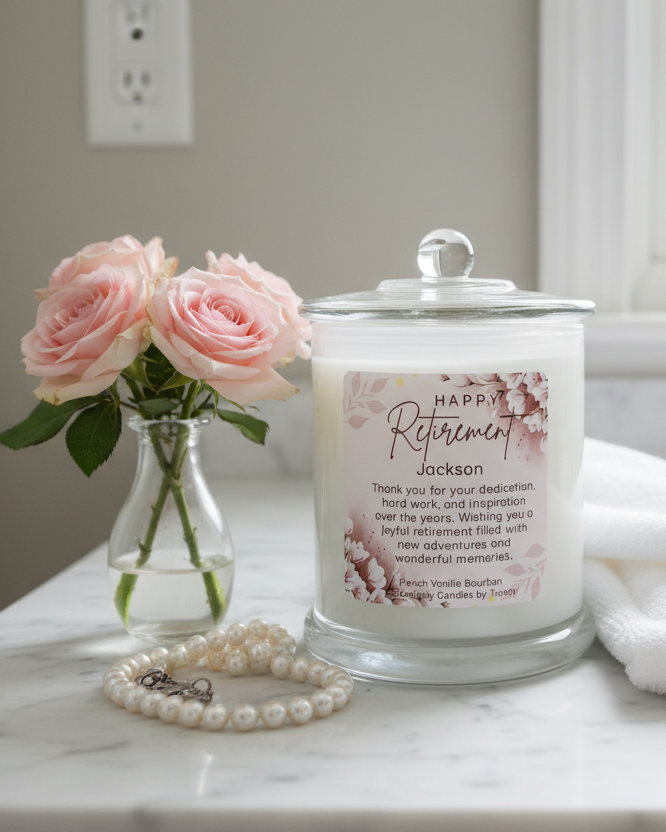Retirement White Floral Candle — Vanity Setting