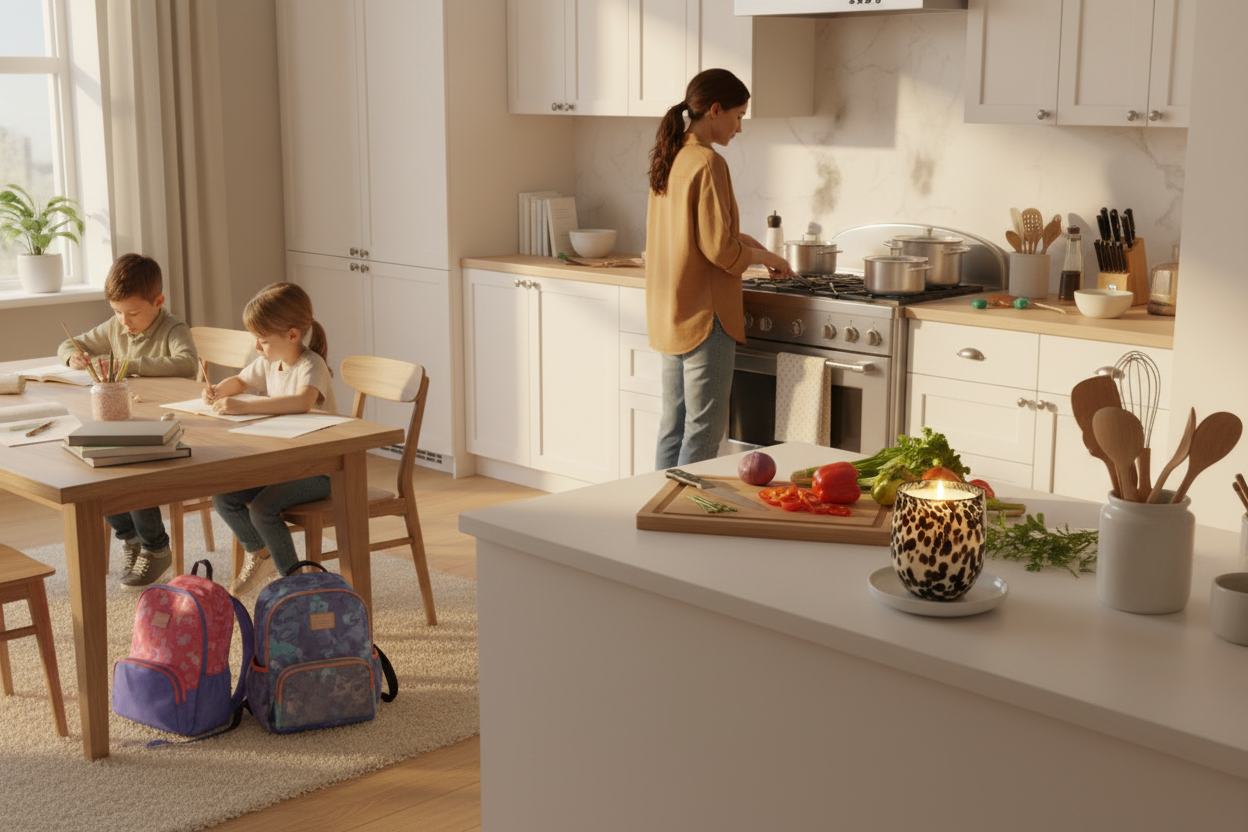 Serenity candle in messy light kitchen