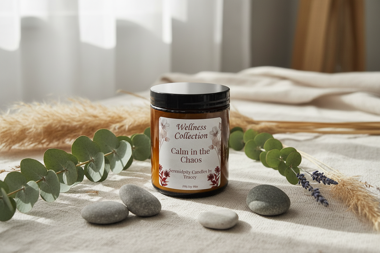 Wellness Collection candle with lid in calming setting