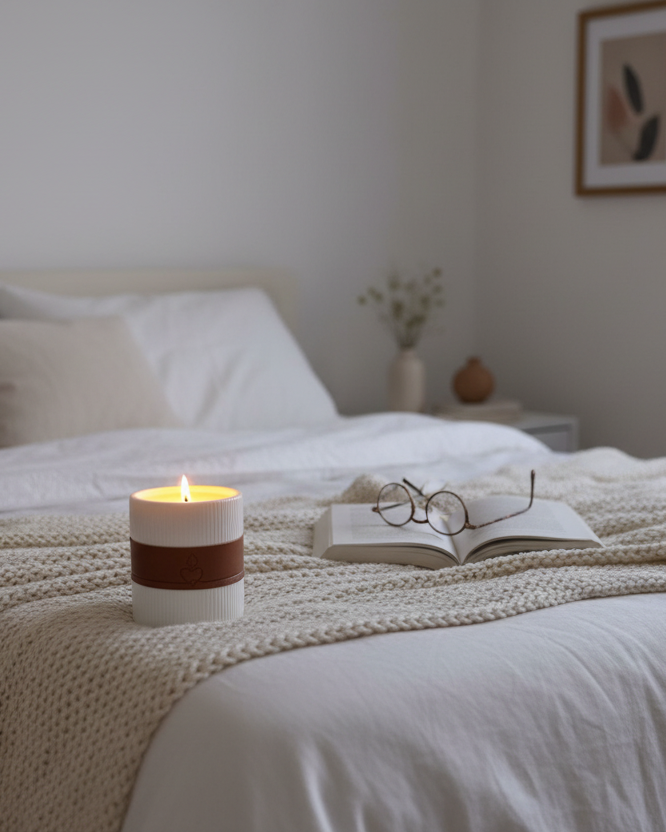 White Ribbed Candle - Bedroom