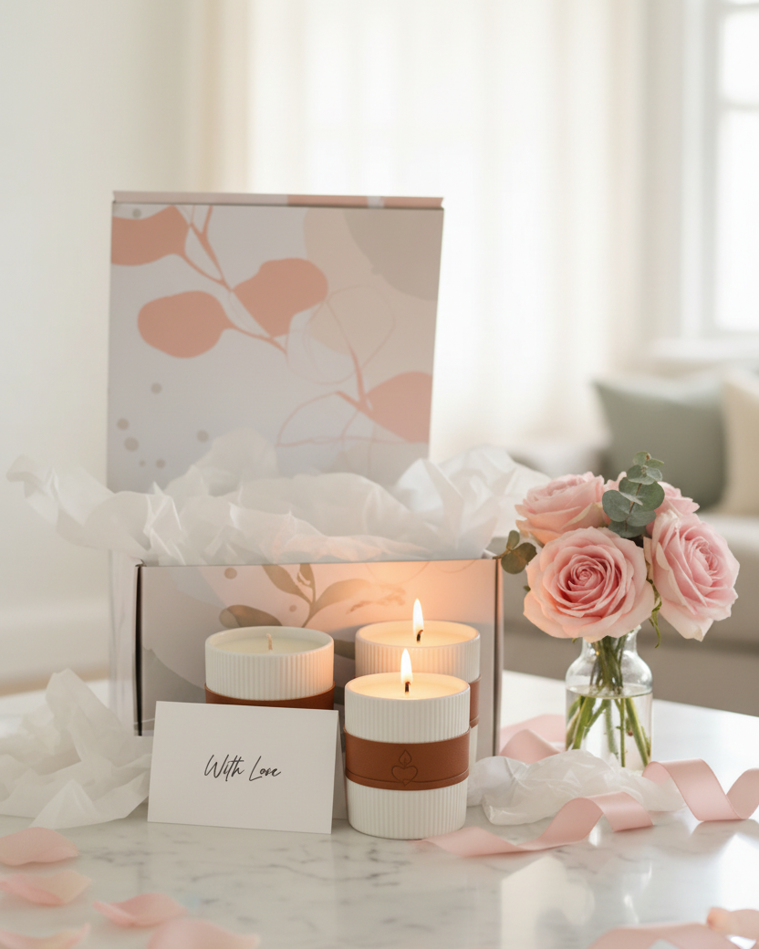 White Ribbed Candle Gift Set – Lifestyle Gifting Shot