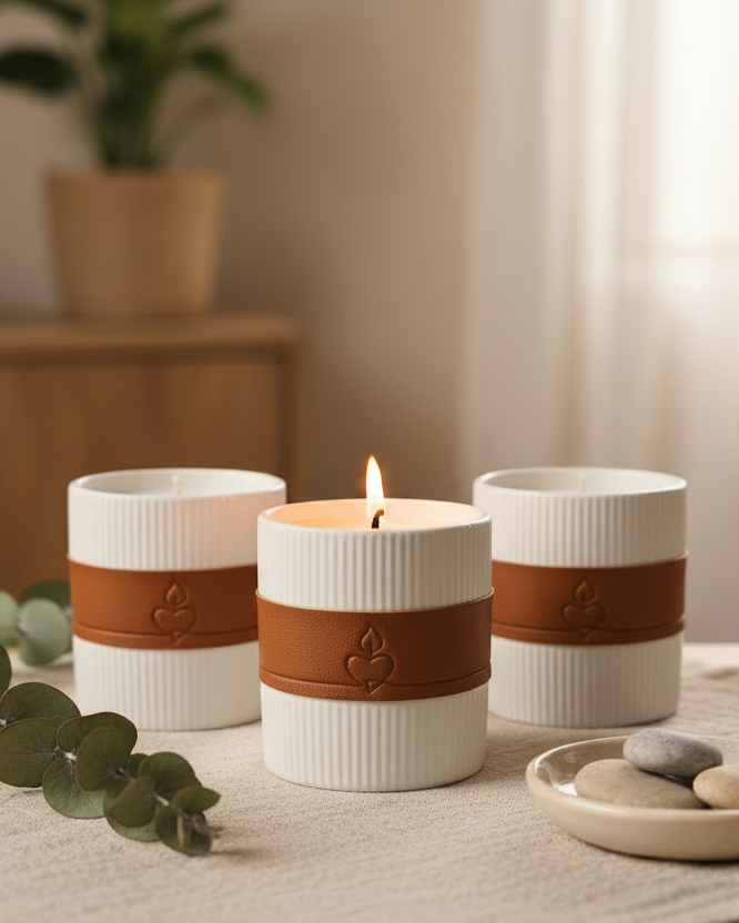 White Ribbed Candle Gift Set – Lit Middle Wick Lifestyle Shot